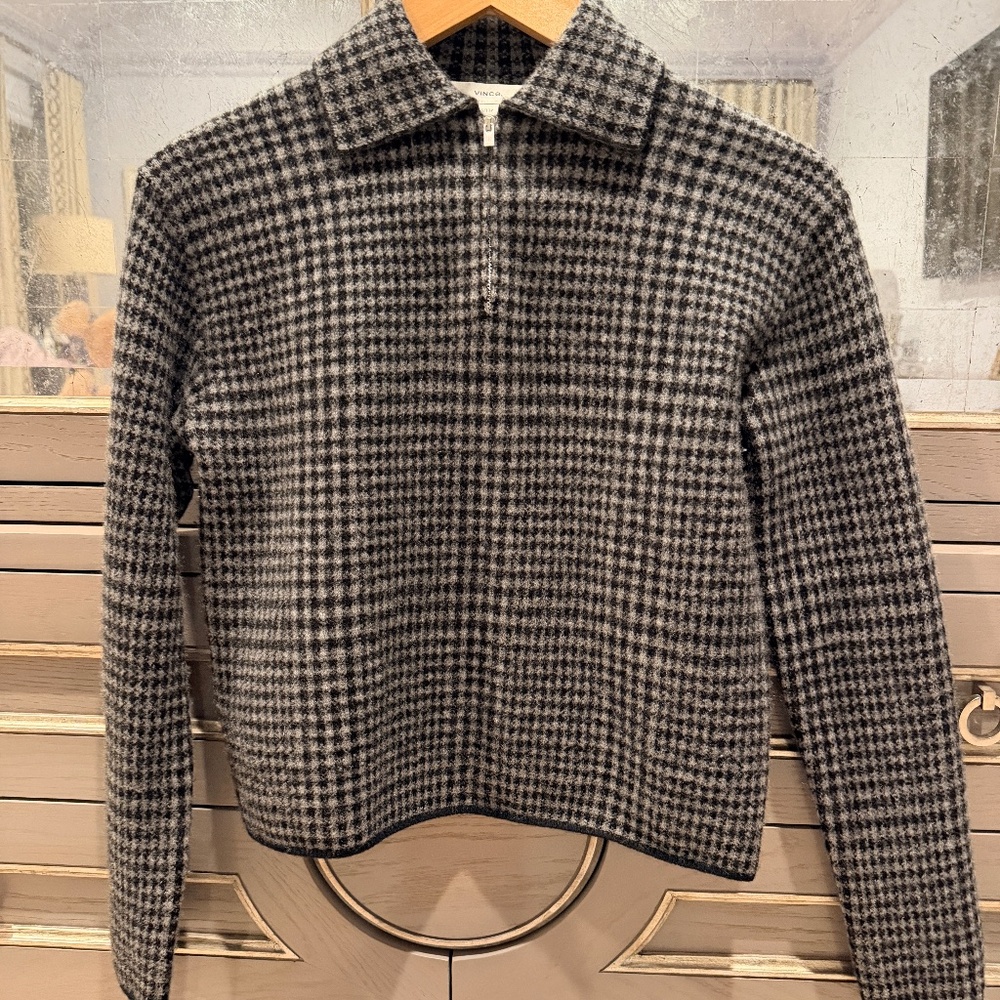 Vince Black/Grey Houndstooth Plaid Half Zip Pullover Women's Size XS